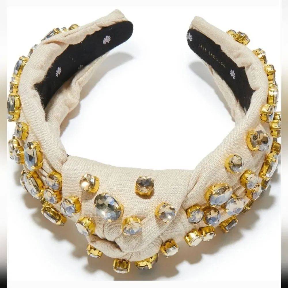 New Lele Sadoughi Natural Embellished Linen Knotted Headband